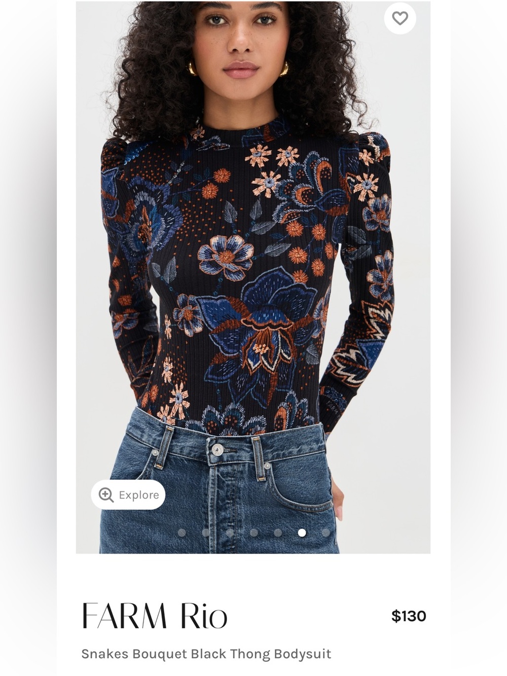 FARM Rio Black Floral Long-Sleeve Thong Bodysuit with Blue & Rust Accents